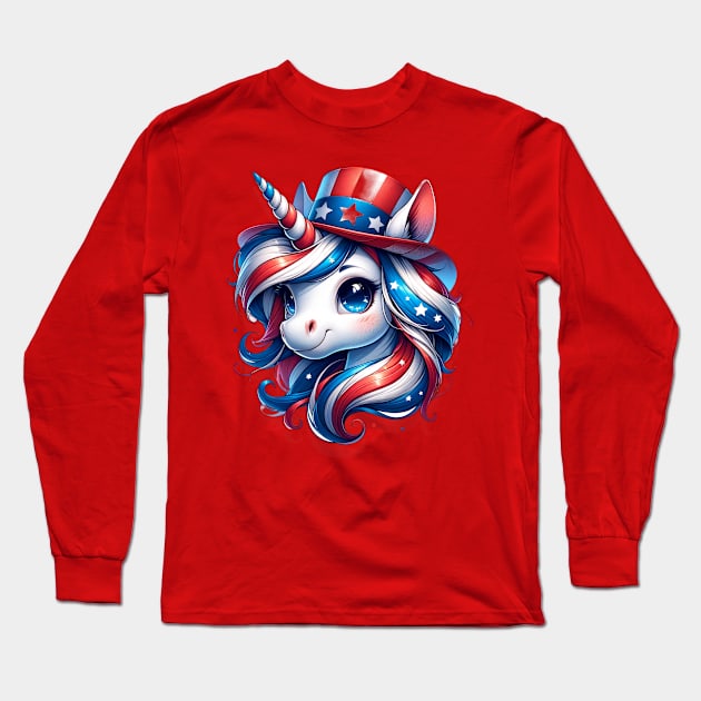 AmeriCorn Cute Unicorn Red White Blue Long Sleeve T-Shirt by Long-N-Short-Shop